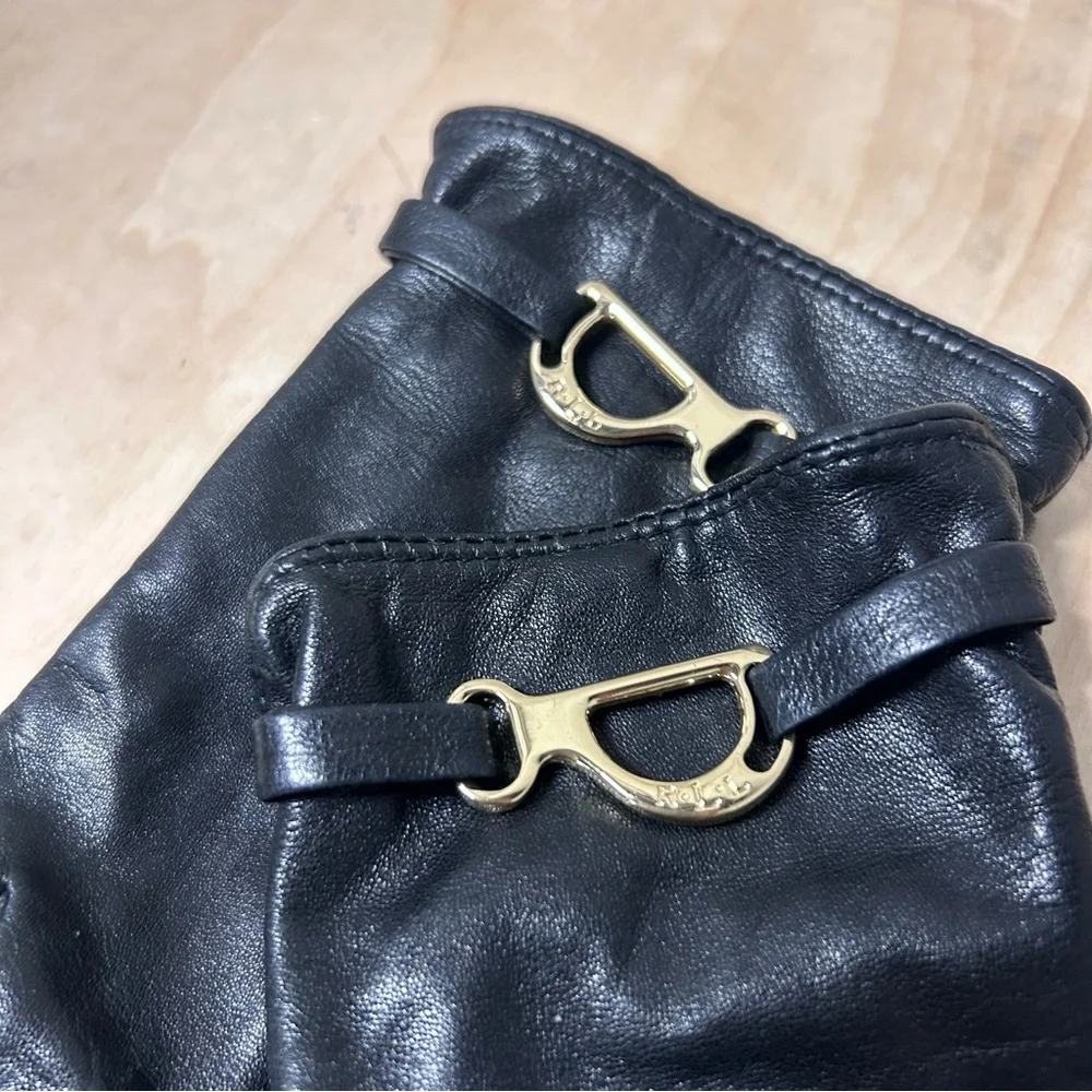 Lauren Ralph Lauren Bridle-Belt Black Leather Gloves with Gold Accents EUC Sz M